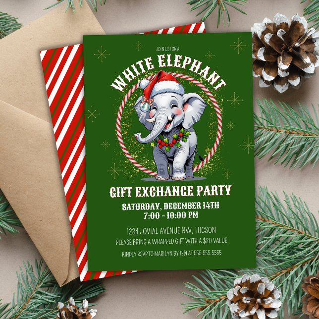 Cute Grönt Helgdag White Elephant Gift Exchange Inbjudningar (Festive green and red cute white elephant Christmas gift exchange party invitations for work church)