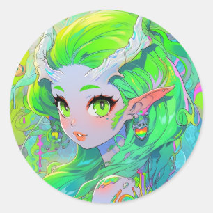 Cute Grönt Horned Wood Elf Anime Girl Runt Klistermärke