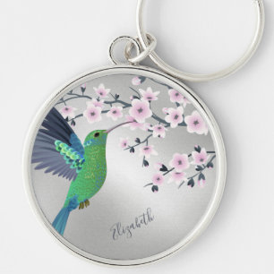 Cute Grönt Hummingbird Cherry Blommar Add Namn Ke Rund Silverfärgad Nyckelring