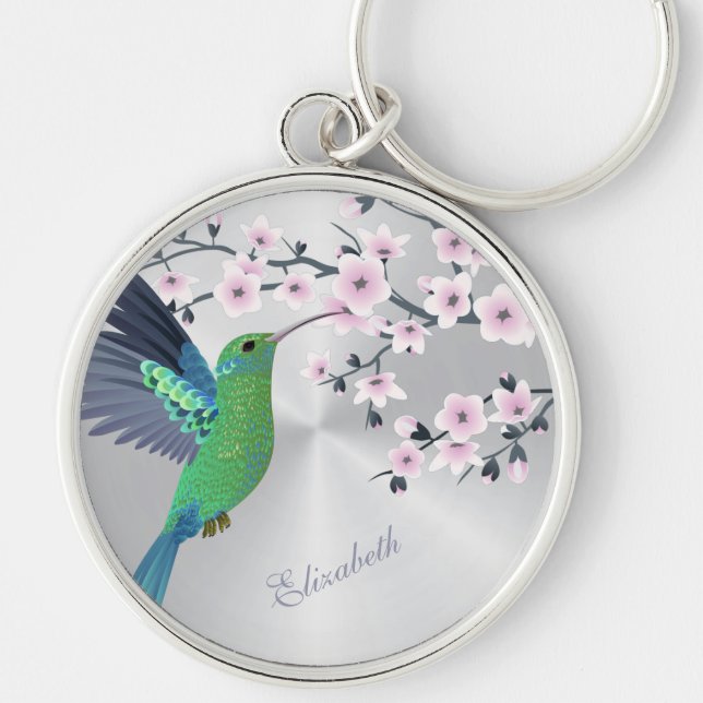 Cute Grönt Hummingbird Cherry Blommar Add Namn Ke Rund Silverfärgad Nyckelring (Framsidan)