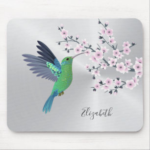 Cute Grönt Hummingbird Cherry Blommar Add Namn Musmatta