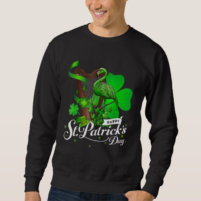 Cute Grönt Irish Flamingo St Patrick Day Shamrock Lång Ärmad Tröja (Framsida)