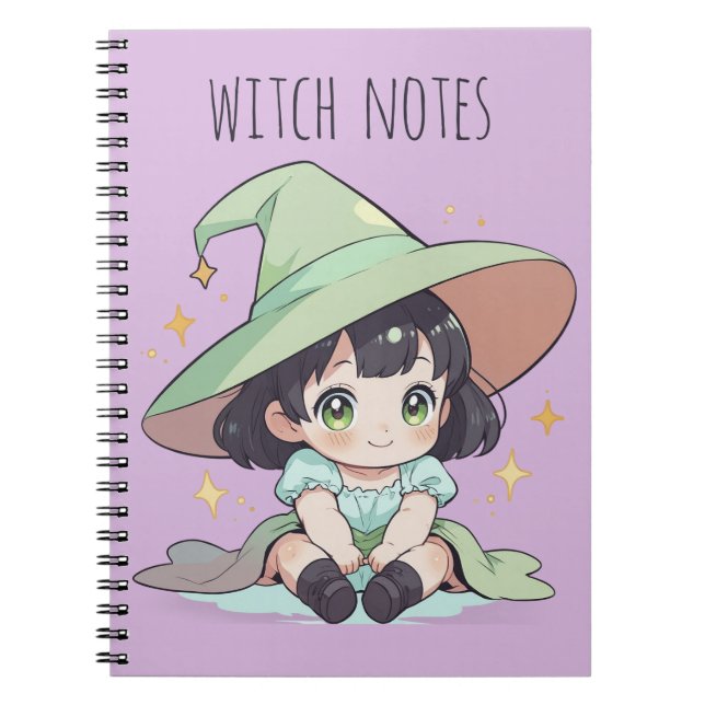 Cute Grönt Kawaii Baby Witch Girl Spiral Anteckningsbok (Framsidan)