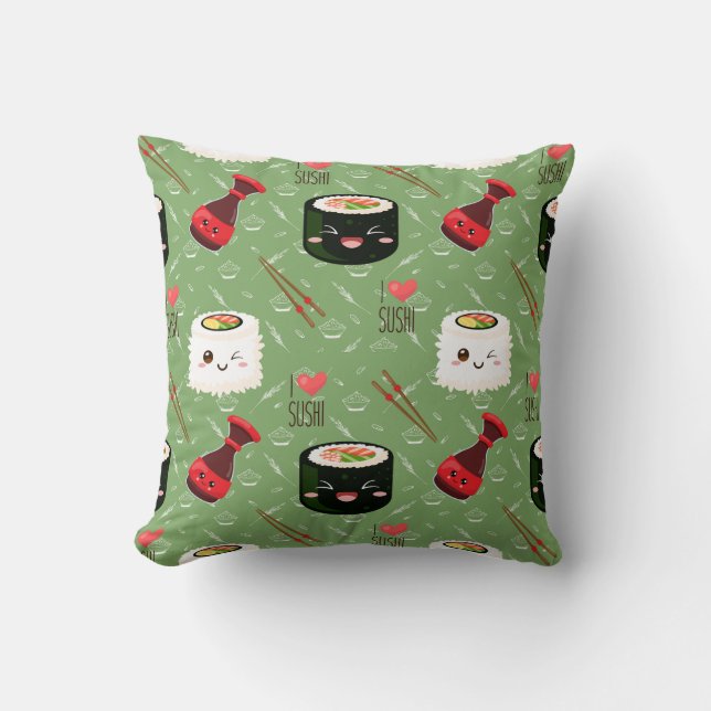 Cute grönt Kawaii Sushi mönster Kudde (Framsida)