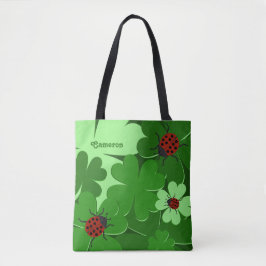 Cute Grönt Klöver Löv Ladybug Namn Tote Bag Tygkasse