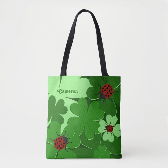 Cute Grönt Klöver Löv Ladybug Namn Tote Bag Tygkasse (Framsida)