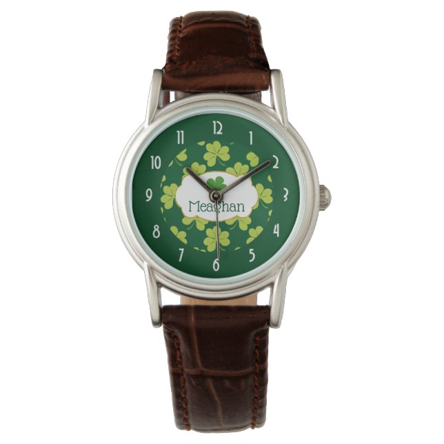 Cute Grönt Klöver Shamrock Mönster Armbandsur (Framsida)