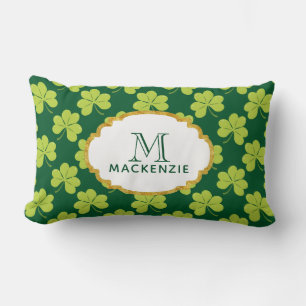 Cute Grönt Klöver Shamrock Mönster med Monogram Lumbarkudde