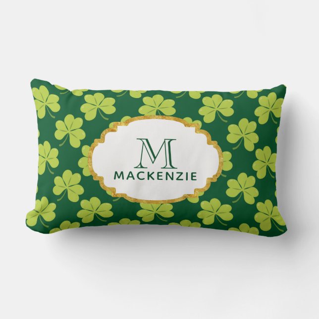 Cute Grönt Klöver Shamrock Mönster med Monogram Lumbarkudde (Framsida)