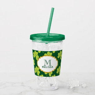 Cute Grönt Klöver Shamrock Mönster med Monogram Take Away Mugg