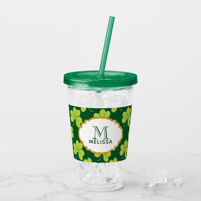 Cute Grönt Klöver Shamrock Mönster med Monogram Take Away Mugg (Baksida Ice)