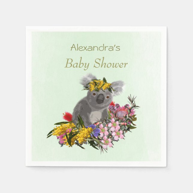 Cute Grönt Koala Wildblomma Baby Shower Pappersservett (Framsidan)