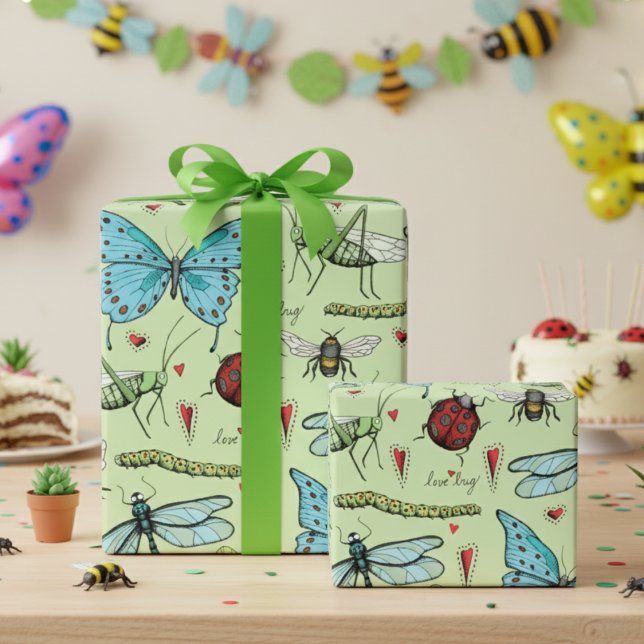 Cute Grönt Kryp Insekter för Kryp Älskare Presentpapper (Cute Bugs Insects Wrapping Paper for Kids in Green. Butterflies, Dragonflies, Ladybugs, Bees, Worms)