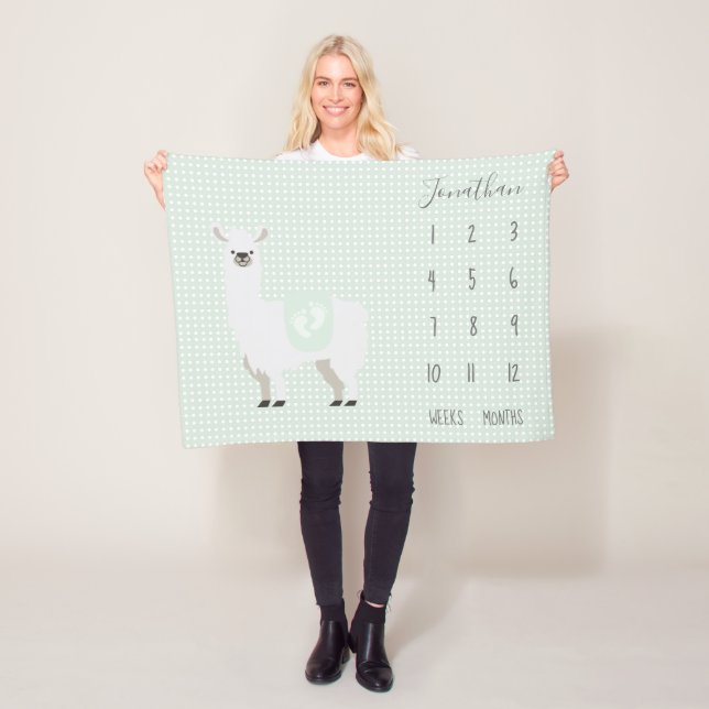 Cute Grönt Llama Polka Dot Baby Milestone Fleecefilt (På plats)