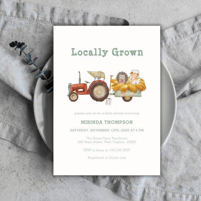 Cute Grönt Lokalt odlad lantbrukstraktorns babysko Inbjudningar (Cute Green Locally Grown Farm Tractor Baby Shower Invitation)