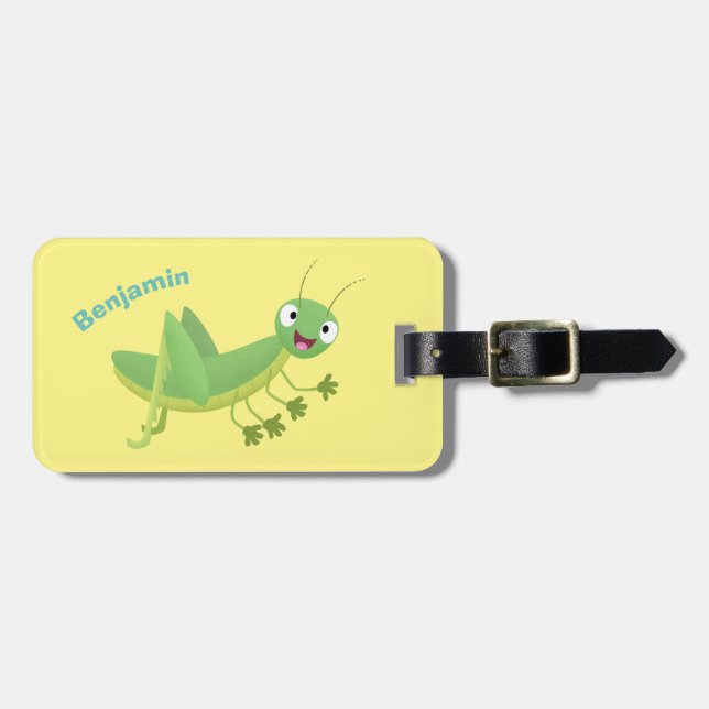 Cute grönt lycklig grasopper tecknad bagagebricka (Horisontell Framsida)