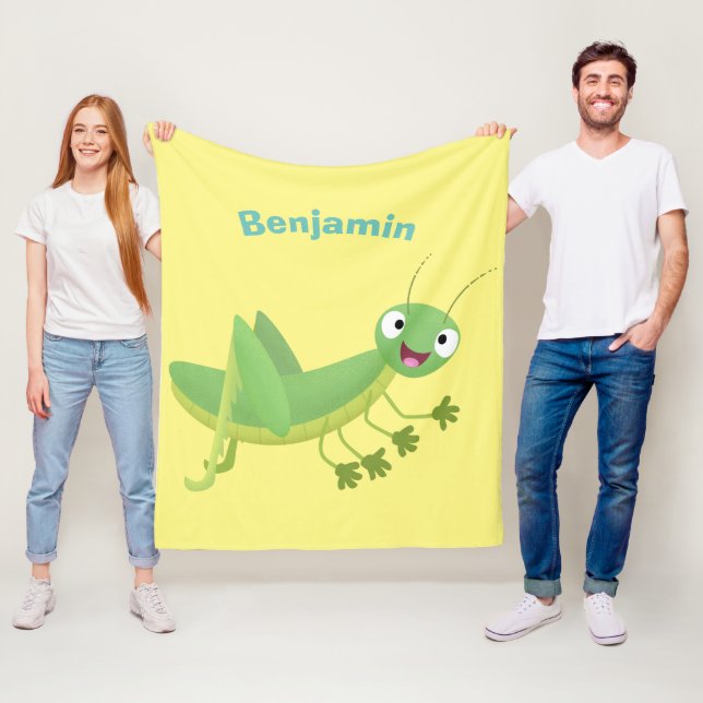 Cute grönt lycklig grasopper tecknad fleecefilt (På plats)