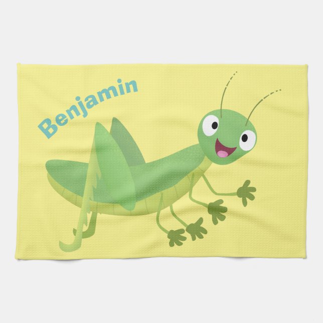 Cute grönt lycklig grasopper tecknad kökshandduk (Horisontell)