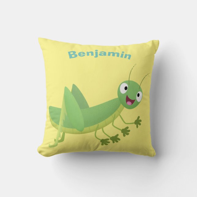 Cute grönt lycklig grasopper tecknad kudde (Framsida)