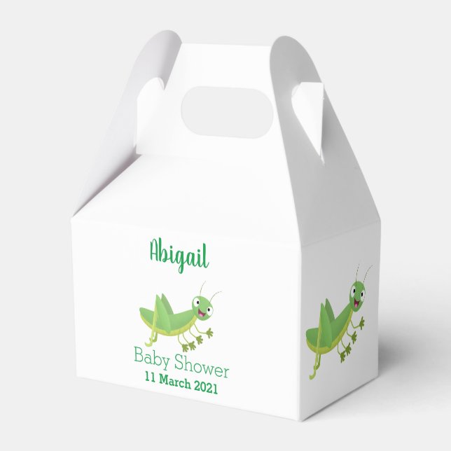 Cute grönt lycklig grasopper tecknad presentaskar (Framsidan Sidan)