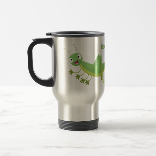 Cute grönt lycklig grasopper tecknad resemugg (Vänster)