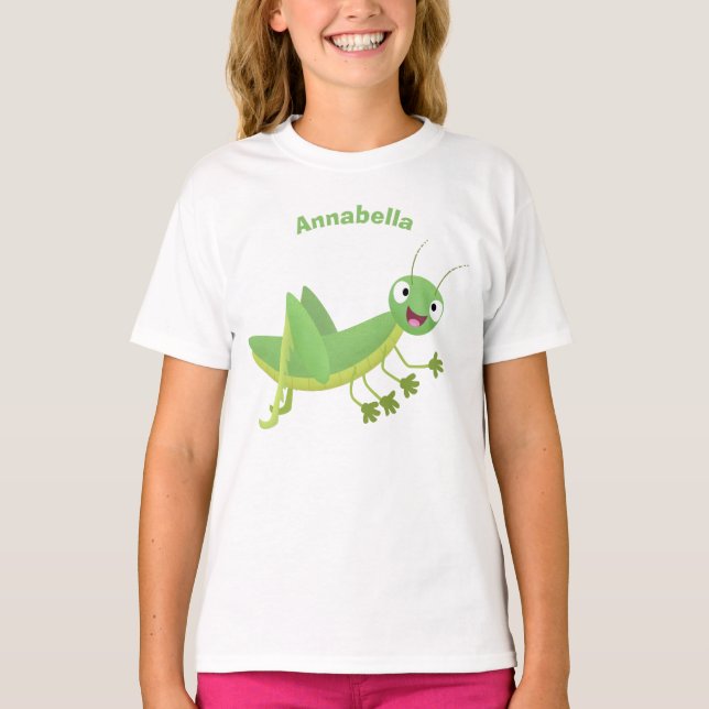 Cute grönt lycklig grasopper tecknad t shirt (Framsida)