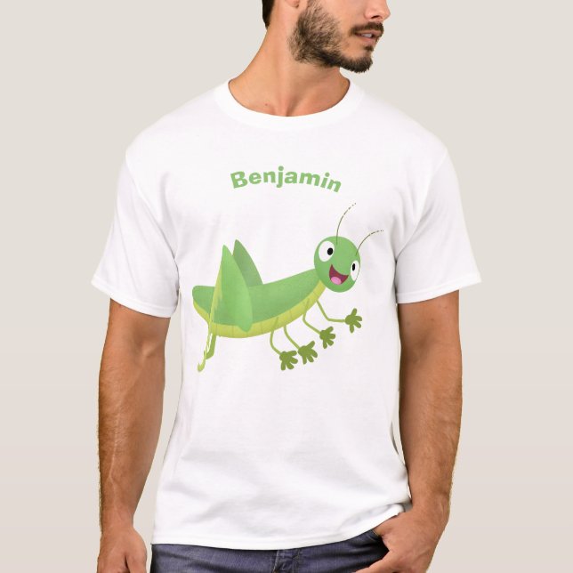 Cute grönt lycklig grasopper tecknad t shirt (Framsida)