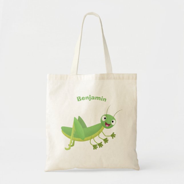 Cute grönt lycklig grasopper tecknad tygkasse (Framsidan)