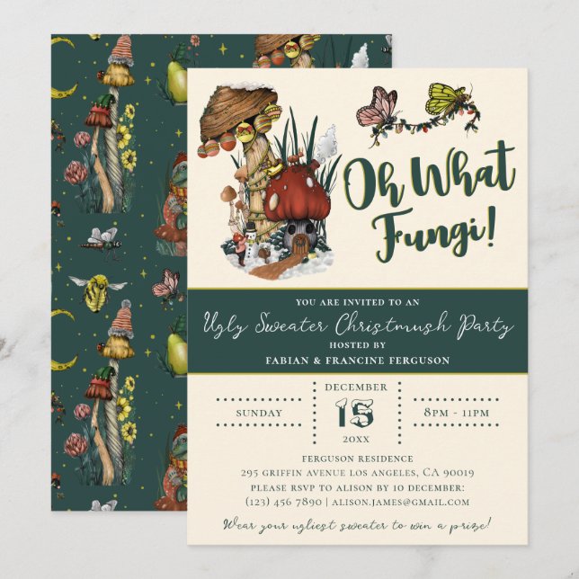 Cute Grönt Merry Mushrooom Ugly Sötare jul Inbjudningar (Fram/baksida)