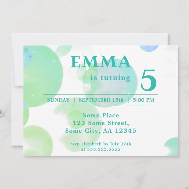 Cute Grönt och Blue Bubbles Barns födelsedag Party Inbjudningar (Baksida)