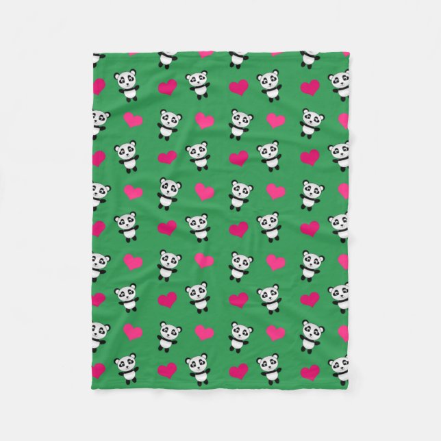 Cute grönt panda-hjärtan mönster fleecefilt (Framsidan)