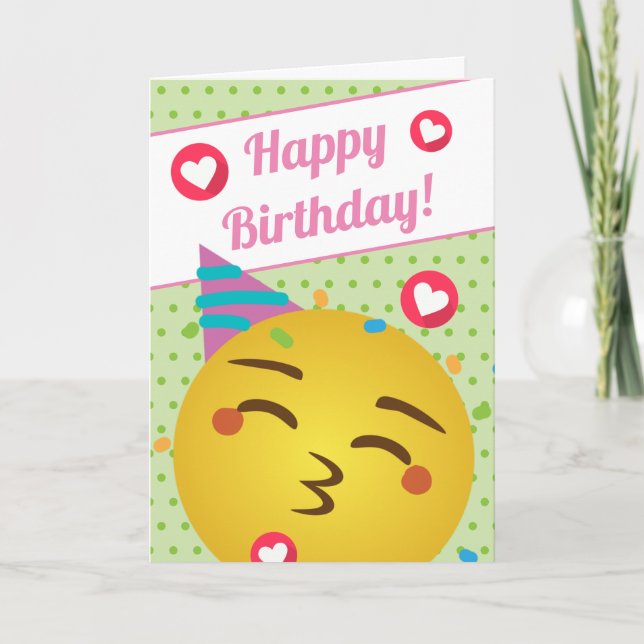 Cute Grönt Polka Dot Kiss Emoji Grattis på födelse Kort (Framsida)