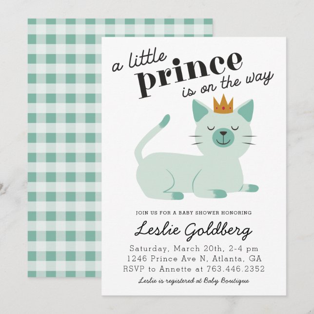 Cute Grönt Prince Kattunge Baby Shower Inbjudningar (Fram/baksida)