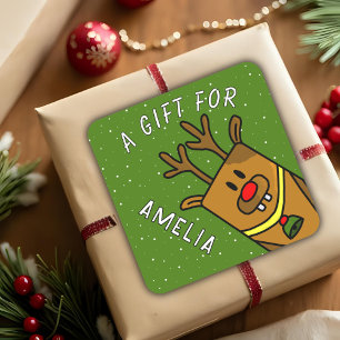 Cute Grönt Reindeer Kid's Namn julgåva Fyrkantigt Klistermärke