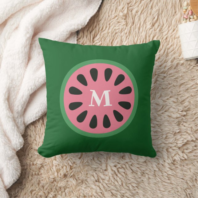 Cute Grönt Rosa Watermelon Fruit Monogram Kudde (Filt)