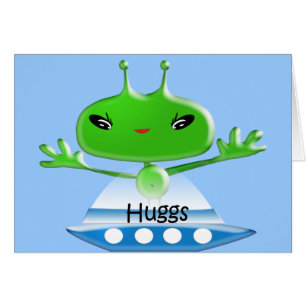 Cute Grönt Rymden Alien Hugs med rymdskepp OBS Kort