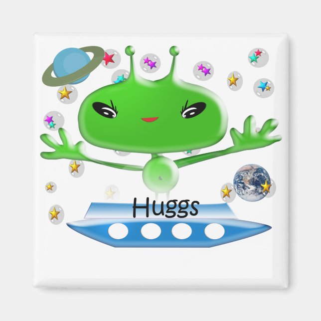 Cute Grönt Rymden Utomjordingar med rymdskepp Magnet (Framsidan)