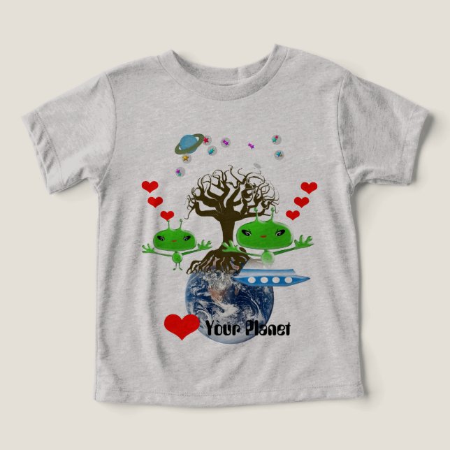 Cute Grönt Rymden Utomjordingar med Space Frakt Tee (Design Framsida)