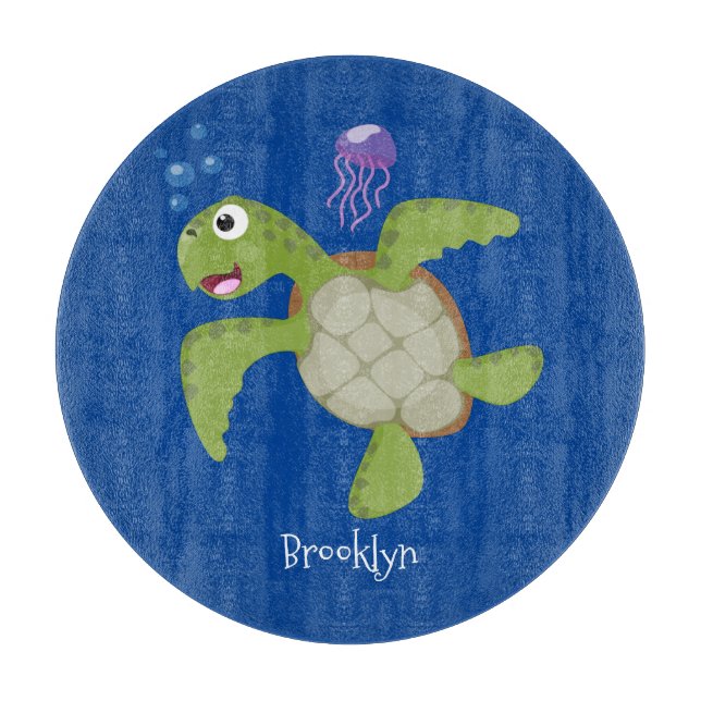 Cute grönt Sea turtle lycklig tecknad illustration (Framsidan)