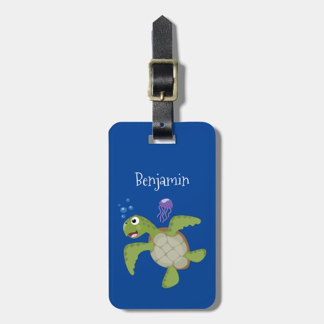 Cute grönt Sea turtle lycklig tecknad illustration Bagagebricka (Vertikal Framsida)