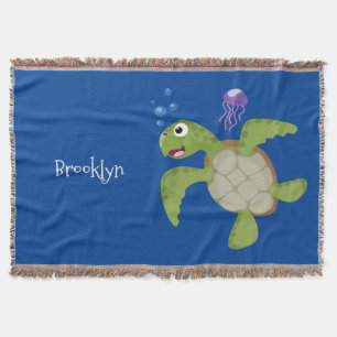 Cute grönt Sea turtle lycklig tecknad illustration Filt