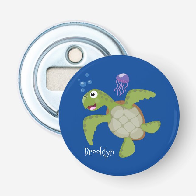Cute grönt Sea turtle lycklig tecknad illustration Flasköppnare (Framsidan)