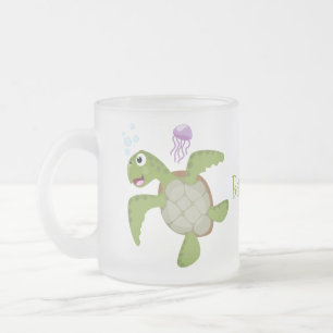 Cute grönt Sea turtle lycklig tecknad illustration Frostad Glasmugg