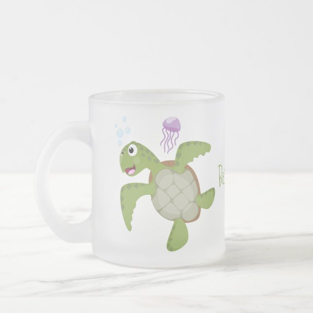 Cute grönt Sea turtle lycklig tecknad illustration Frostad Glasmugg (Vänster)