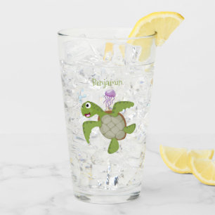 Cute grönt Sea turtle lycklig tecknad illustration Glaskopp