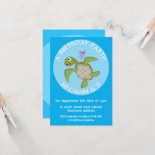 Cute grönt Sea turtle lycklig tecknad illustration Inbjudningar