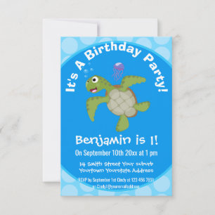 Cute grönt Sea turtle lycklig tecknad illustration Inbjudningar