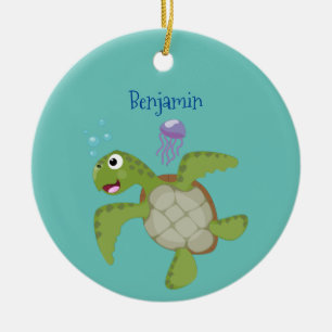 Cute grönt Sea turtle lycklig tecknad illustration Julgransprydnad Keramik