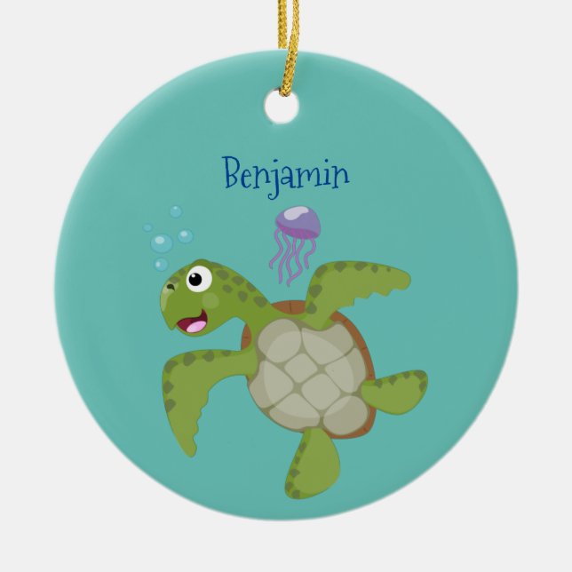 Cute grönt Sea turtle lycklig tecknad illustration Julgransprydnad Keramik (Framsidan)