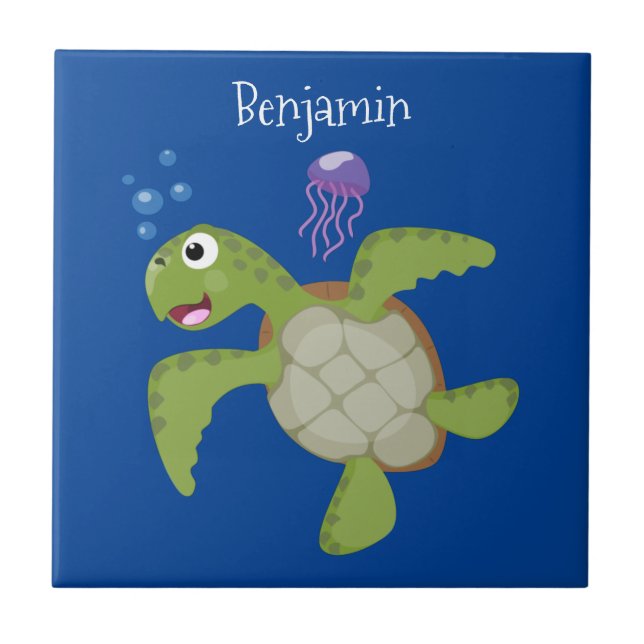 Cute grönt Sea turtle lycklig tecknad illustration Kakelplatta (Framsidan)